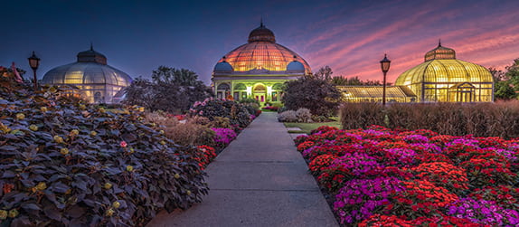 The Buffalo and Erie County Botanical Gardens conservatory at sunset